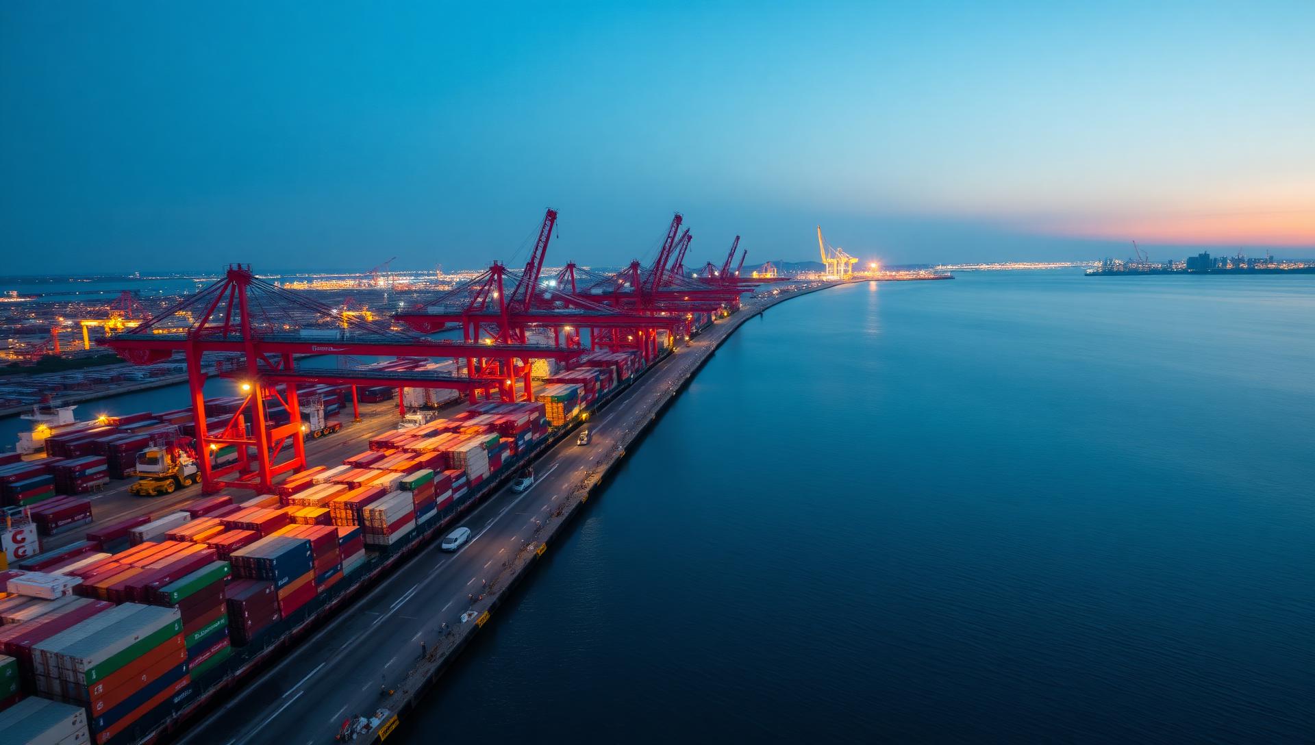 Industriële haven bij avondschemering